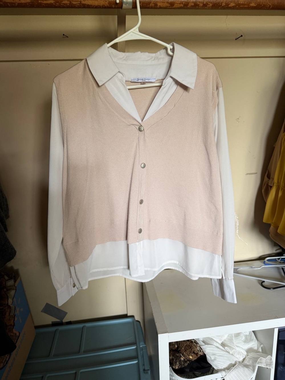 Sioni White Blouse with Blush Pink Knit Vest Illusion